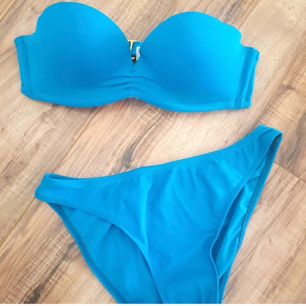 Strapless Bandeau Bikini Set in Teal Blue